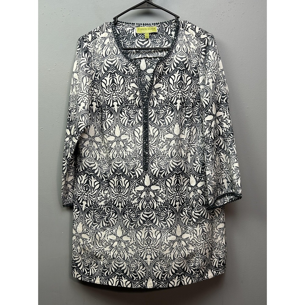 Sigrid Olsen Tunic Top Womens Small Boho Floral Print 3/4 Sleeve Blouse Shirt